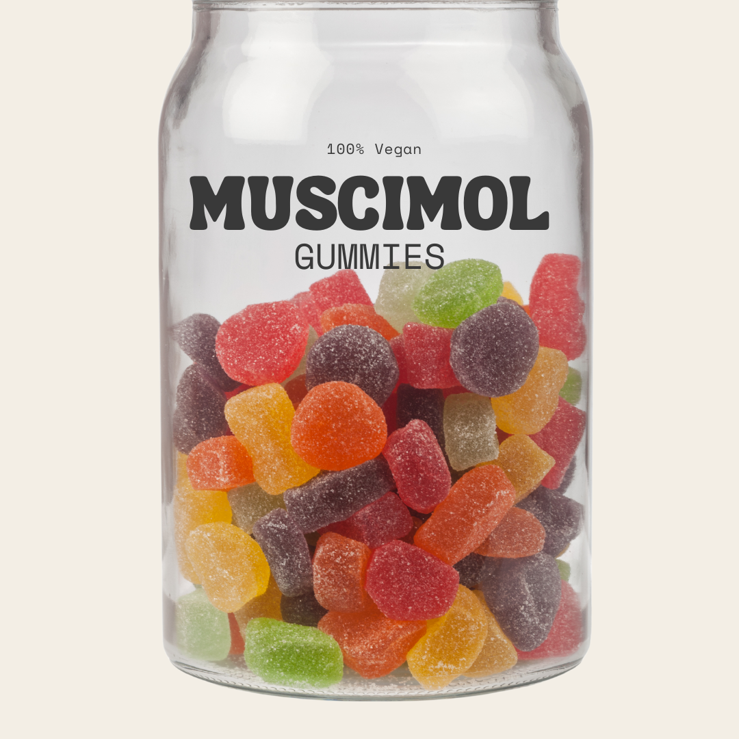 Delicious jar of muscimol gummies.